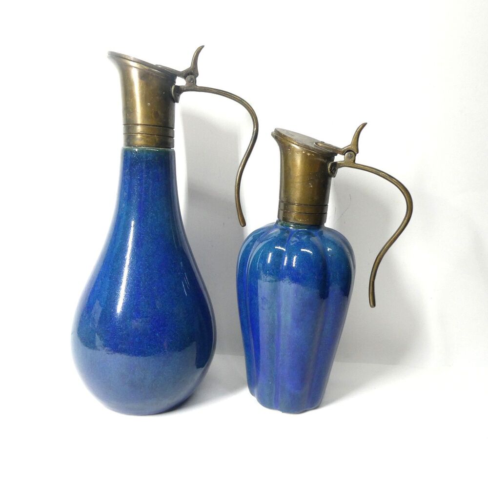 2 Pitcher Decanter Ewer Blue Ceramic Brass Lids Handles India Vintage MCM